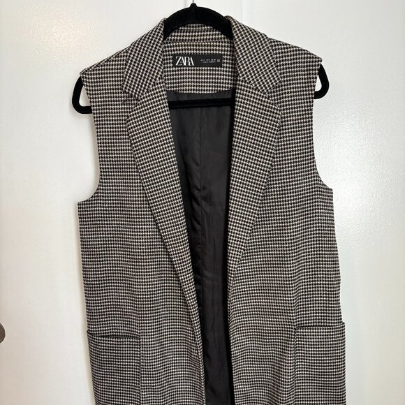 Zara Houndstooth Open Sleeveless Coat - Black & white - size small - Picture 2 of 5